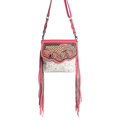 Myra Rosa Verde Hand Tooled Leather Sling Bag for Women â€“ Pink Floral Western Flap, Fringe Sides, Speckled Print Body