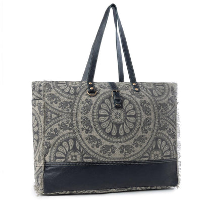 Myra Carmela Printed Canvas Weekender Bag â€“ Leather Handles with Buckle Strap, Spacious Travel Tote for Western Getaways