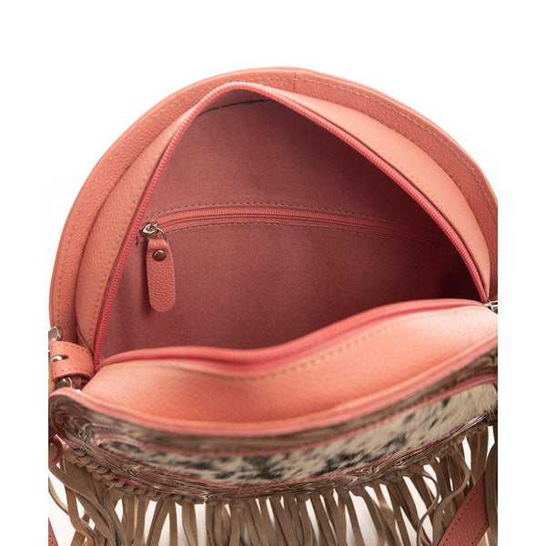 Myra Sanora Sunset Hairon Round Bag - Hand-Tooled Sling Bag with Floral Design and Fringe Detailing for Western Flair