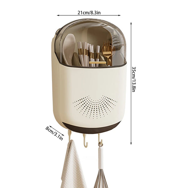 Kitchen Cutlery Storage Box Wall Mount Tableware Storage Holder with Lid Dustproof Spoon and Chopstick Organizer Drain Racks