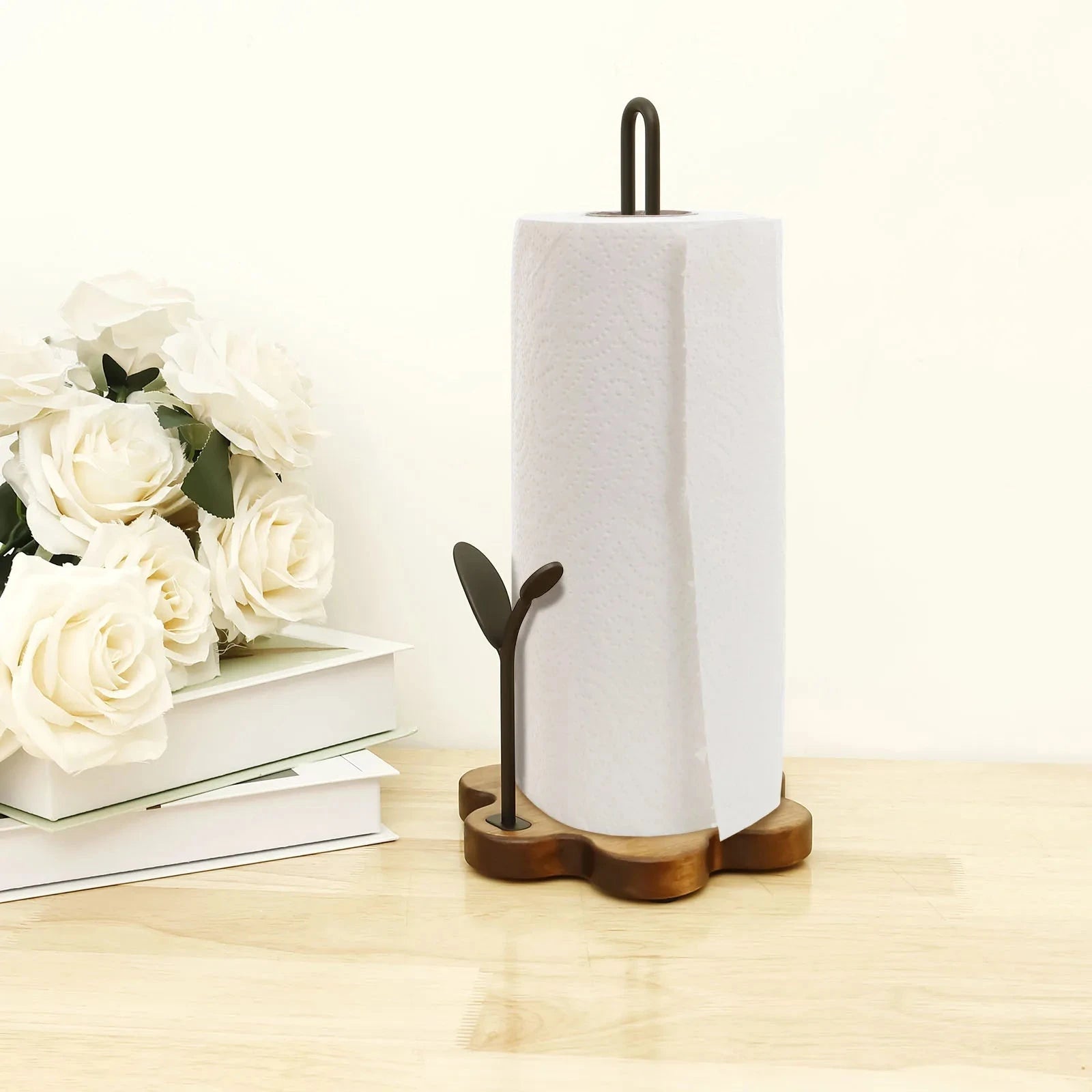 Wooden Paper Towel Holder Vertical Stand Anti-Skid Flower Shape Base Kitchen Countertop Roll Paper Towel Holder Paper Dispenser DSers Fulfillment