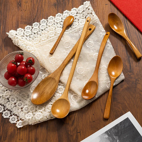 1PC Household Small Wooden Spoon Coffee And Milk Tea Stirring  Honey  Natural Ellipse Ladle  Kitchen Tableware