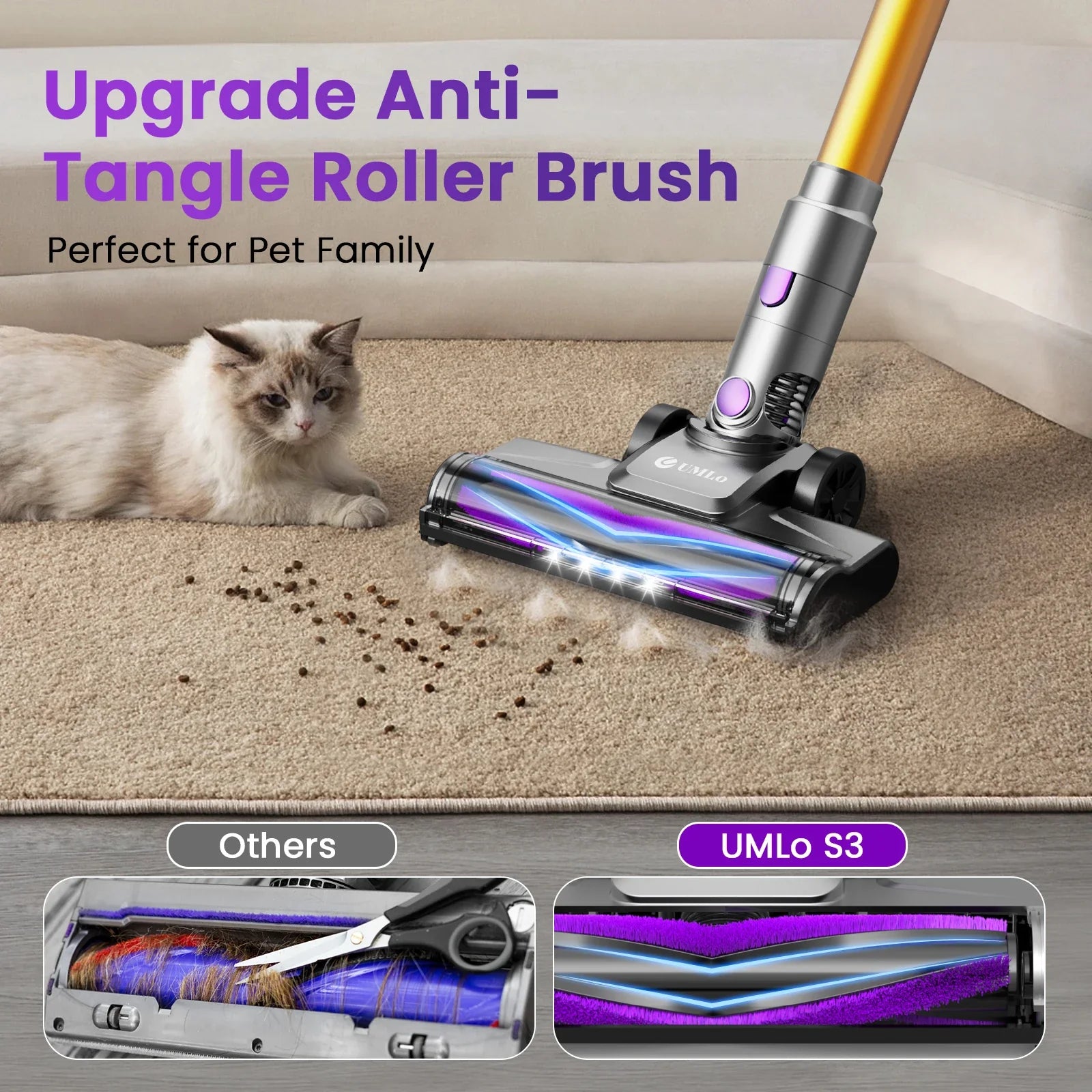Cordless vacuum with upgraded anti-tangle roller brush, perfect for pet hair removal on carpets. Designed for pet-friendly households.