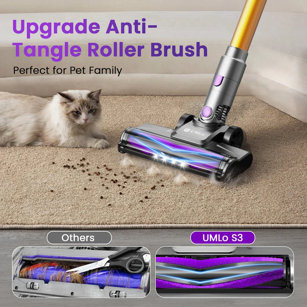 Cordless vacuum with upgraded anti-tangle roller brush, perfect for pet hair removal on carpets. Designed for pet-friendly households.