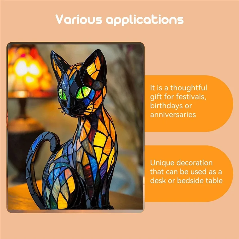 B97A-CAT Stained Resin Tabletop Night Light For Night Stands, Warm Glow Lamp, Cat Lamp Resin Stained Glass