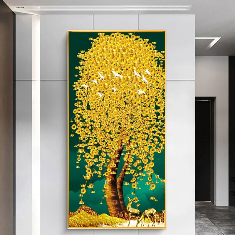 Abstract Golden Rich Tree Money Tree Oil Paintings on Canvas Poster Modern Landscape Wall Art Picture Print Home Decor No Frame