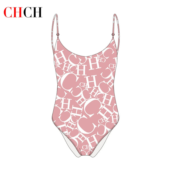 Women's Swimwear CH Letter Pink Triangle One-piece Swimsuit - Sexikinis Swim