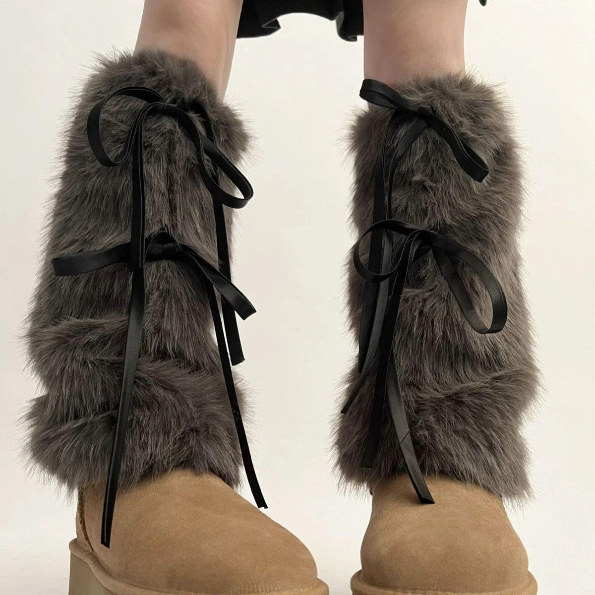 JK Harajuku Furry Plush Boot Cuffs Leg Warmers with Ribbon Bow – White Winter Boot Covers