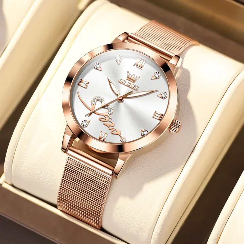 OLEVS Luxury Fashion Ladies' Watches Rose Gold Top Brand Original Quartz Watch for Women Stainless Steel Mesh Strap Love Dial