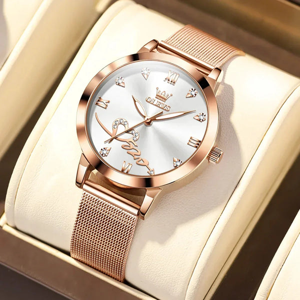 OLEVS Luxury Fashion Ladies' Watches Rose Gold Top Brand Original Quartz Watch for Women Stainless Steel Mesh Strap Love Dial