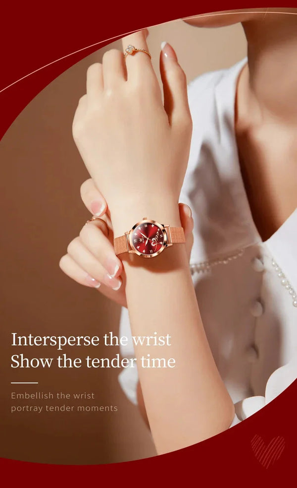 OLEVS Luxury Fashion Ladies' Watches Rose Gold Top Brand Original Quartz Watch for Women Stainless Steel Mesh Strap Love Dial