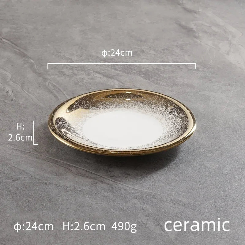 Ceramic high-end golden gold round ceramic tray Piring ASalad Steak Mewah Keramik Makanan Barat Eropa Piring Steak dinner plate