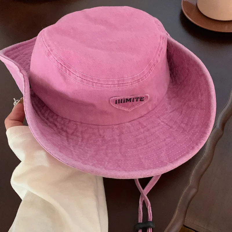 Japanese Retro Washed Cowboy Hats for Women Spring and Summer Outdoor Camping Sun Protection Sweet Pink Love Bucket Caps OneLoveCanada