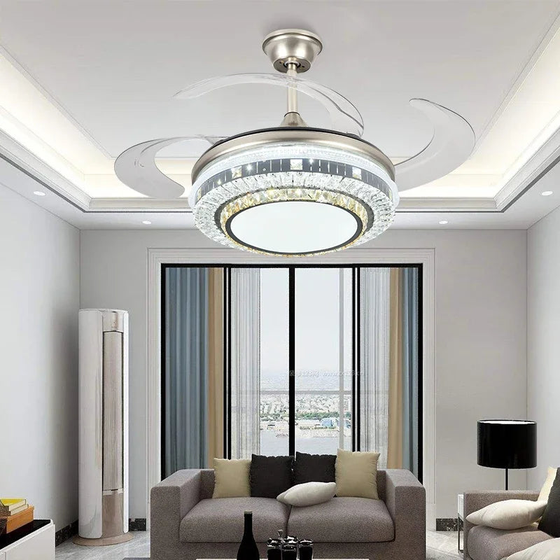 DecorBites™ Gold Crystal Retractable Blades Modern LED Ceiling Fan 42