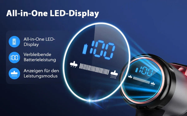 All-in-one LED display on cordless vacuum cleaner showing battery level and suction mode. Easy-to-read digital interface.