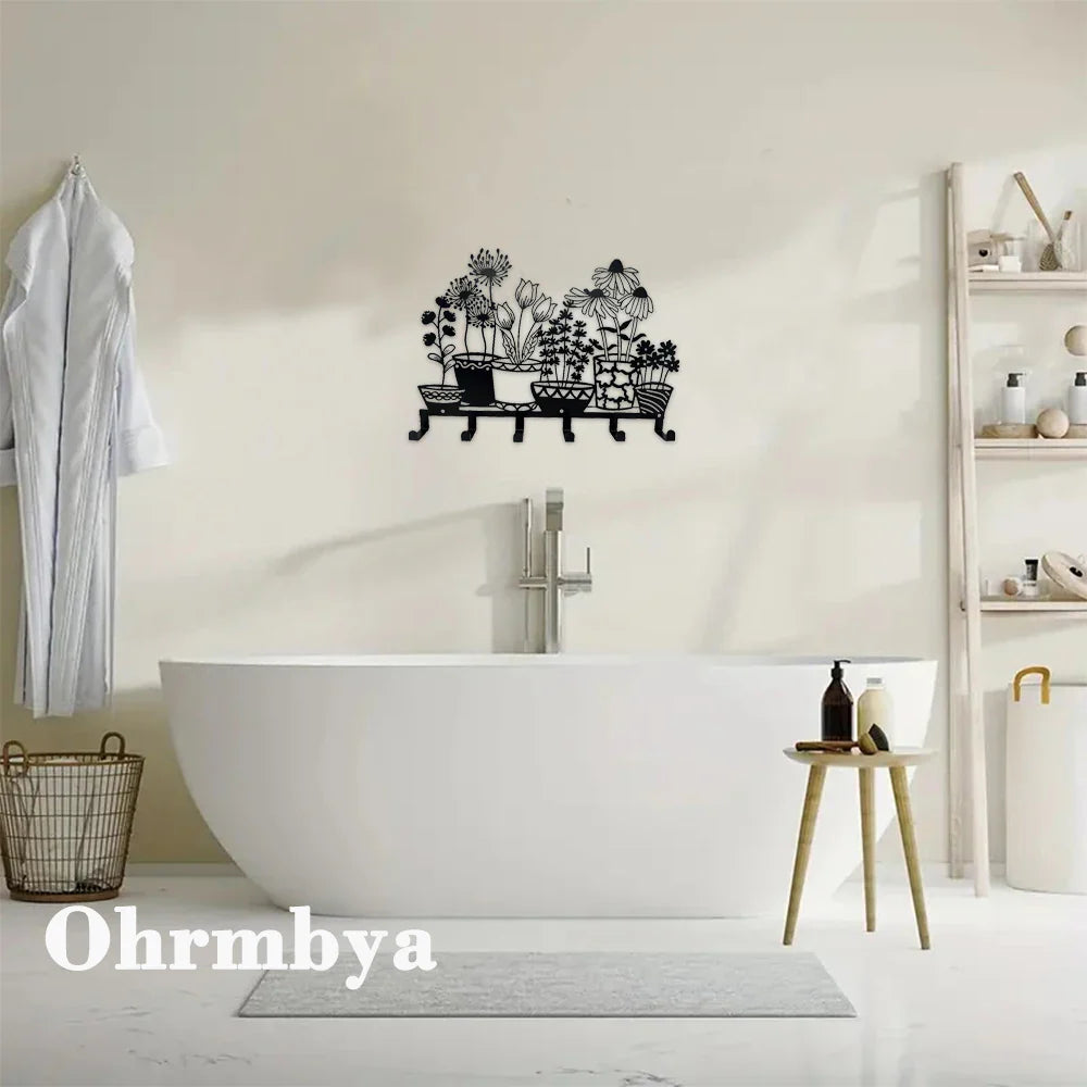 Metal Holder Black Flower Vase Key Holder Coat Hanger 6 Hooks Coat Rack Modern Wall Hangings Entryway Coat Rack Kitchen Holder