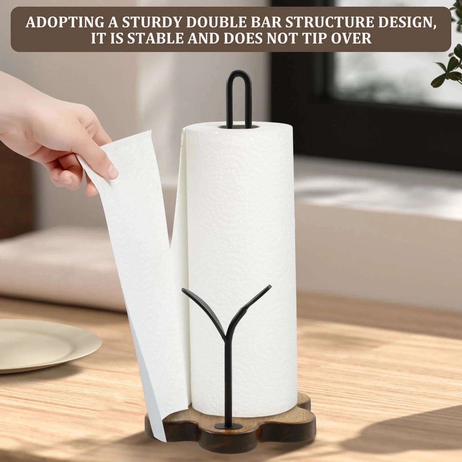 Wooden Paper Towel Holder Vertical Stand Anti-Skid Flower Shape Base Kitchen Countertop Roll Paper Towel Holder Paper Dispenser DSers Fulfillment