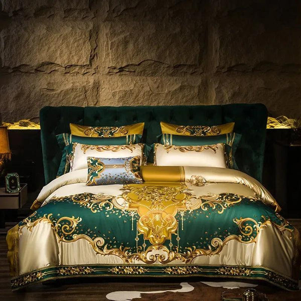Gold and Green Satin Embroidery Patchwork Duvet Cover Queen King Luxury Royal Bedding Sets Cotton Bed Sheet Bedspread Pillowcase - Gifts for You 'n Me
