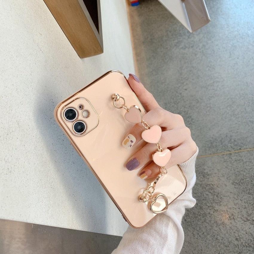Luxury Women Silicone Phone Case Cover With Wrist Chain Bracelet for iPhone  Wristband Bracelet Hand Holder Cover for iPhone 13 12 11 Pro Max plating Case Heart Chain Cases for iPhone 7 8 Plus XR XS Max X