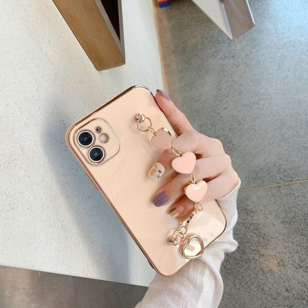 Luxury Women Silicone Phone Case Cover With Wrist Chain Bracelet for iPhone  Wristband Bracelet Hand Holder Cover for iPhone 13 12 11 Pro Max plating Case Heart Chain Cases for iPhone 7 8 Plus XR XS Max X