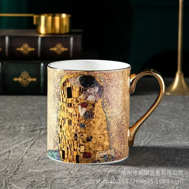 Klimt Kiss Bone China Mugs Coffee Cups With Spoon Gustav klimt Porcelain Wedding Birthday Gifts Office Household Drinkware