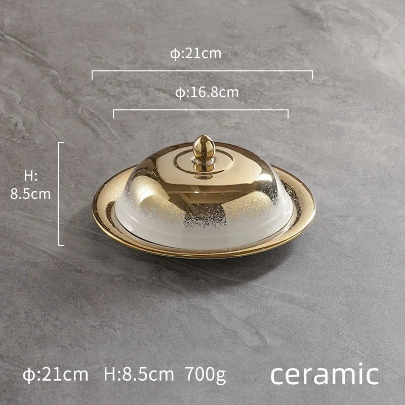 Ceramic high-end golden gold round ceramic tray Piring ASalad Steak Mewah Keramik Makanan Barat Eropa Piring Steak dinner plate
