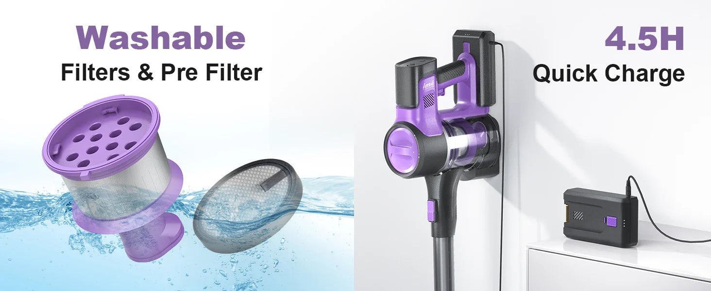 Cordless Vacuum Cleaner, 6-in-1 Stick Vacuum with 30Kpa 350W Suction features washable filters and 4.5-hour quick charge wall-mounted design.