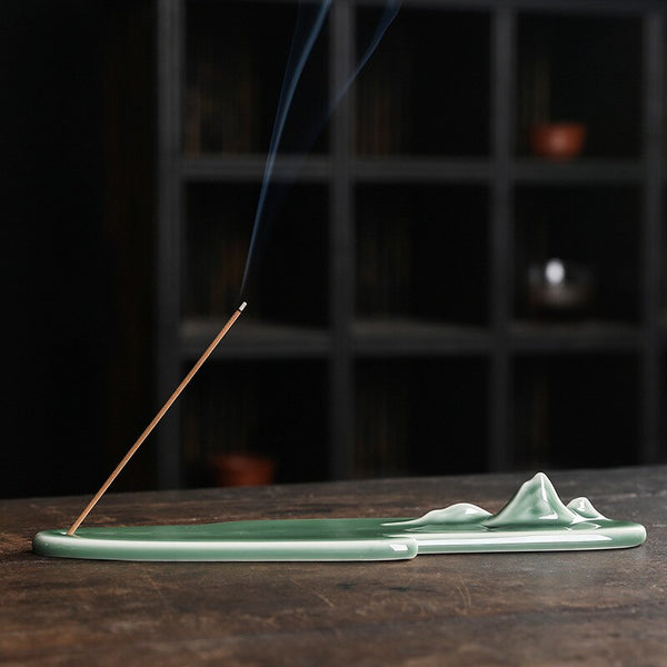 Celadon Green Ceramic Incense Stick Holder With Mountains