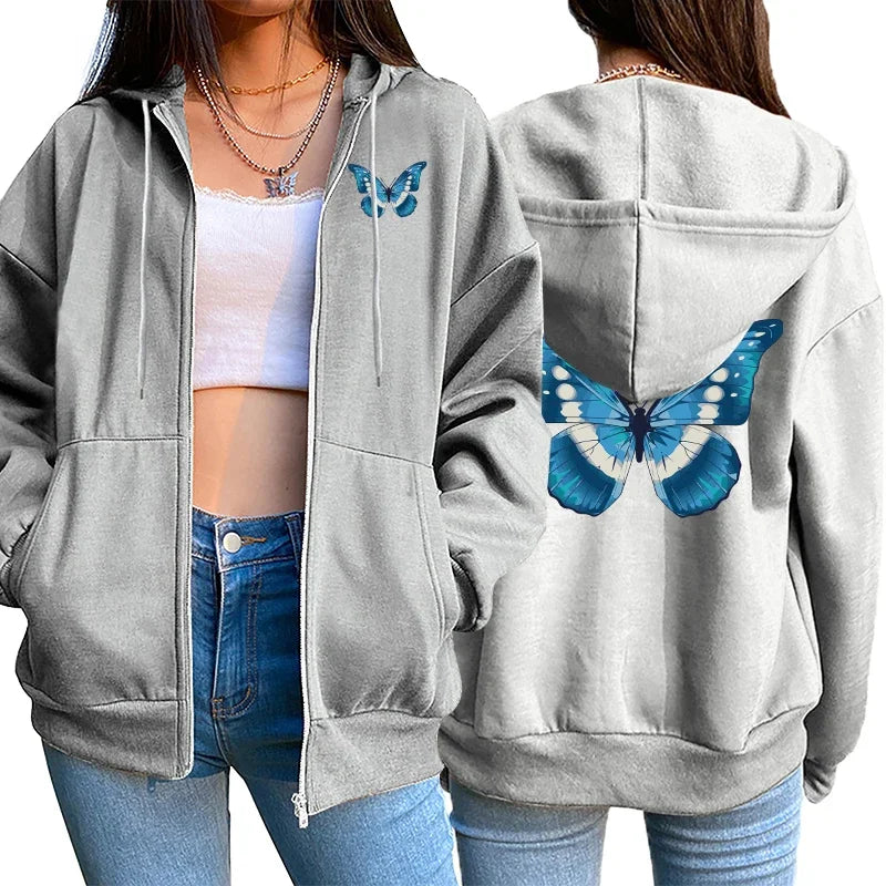 Butterfly Printed Hoodies for Women 2025 Hot Sale Hooded Longsleeve Jackets Autumn Home Outdoor Casual Fashion Ziiper Coats