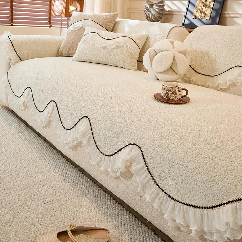 All-Season Use Elegant Pet-Friendly Sofa Cover with Ruffled Edges Non-Slip Ideal for Home, Office, and Living Room Decor