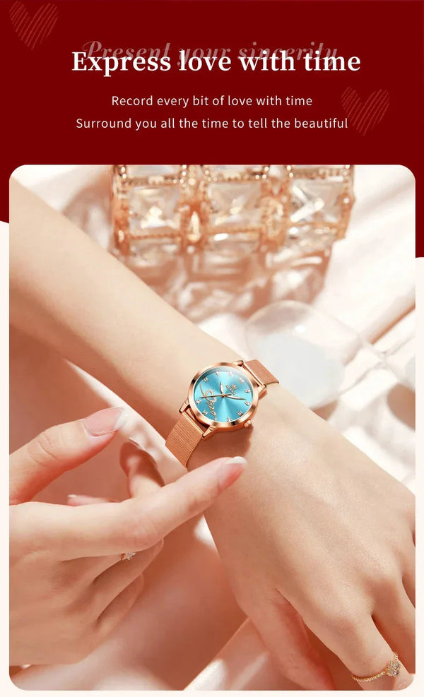 OLEVS Luxury Fashion Ladies' Watches Rose Gold Top Brand Original Quartz Watch for Women Stainless Steel Mesh Strap Love Dial