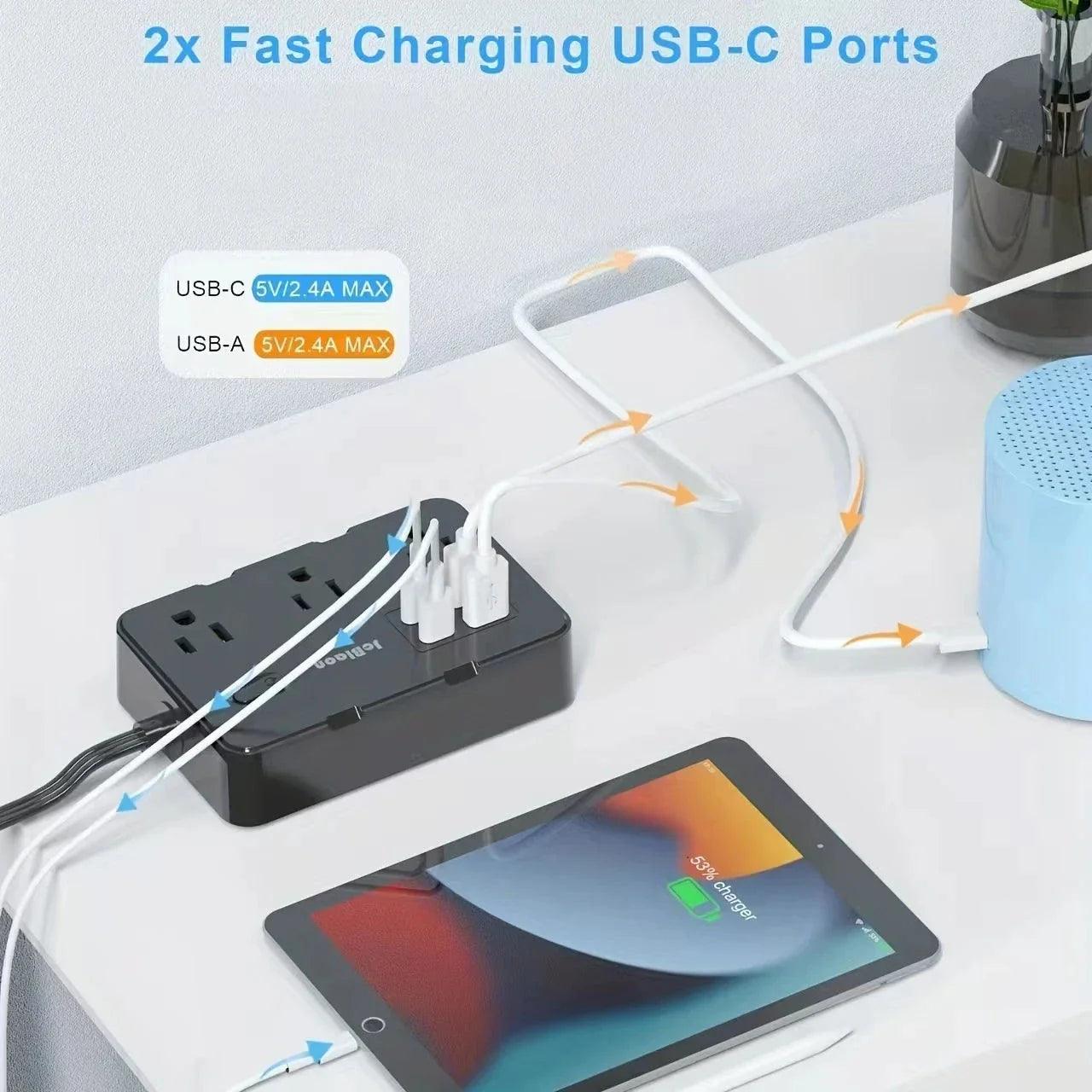 Ultra-Thin Surge Protector Power Strip — 6 Outlets + 4 USB Ports, 5ft Extension Cord | Flat Plug Wall Mount Adapter for Home & Office