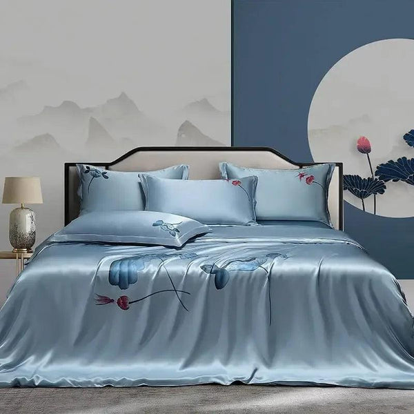 25mm Mulberry Silk Flowers Bedding set Top Grade Luxury Mulberry Silk Soft Duvet Cover Bed sheet 2Pillowcases Double Queen King - Gifts for You 'n Me