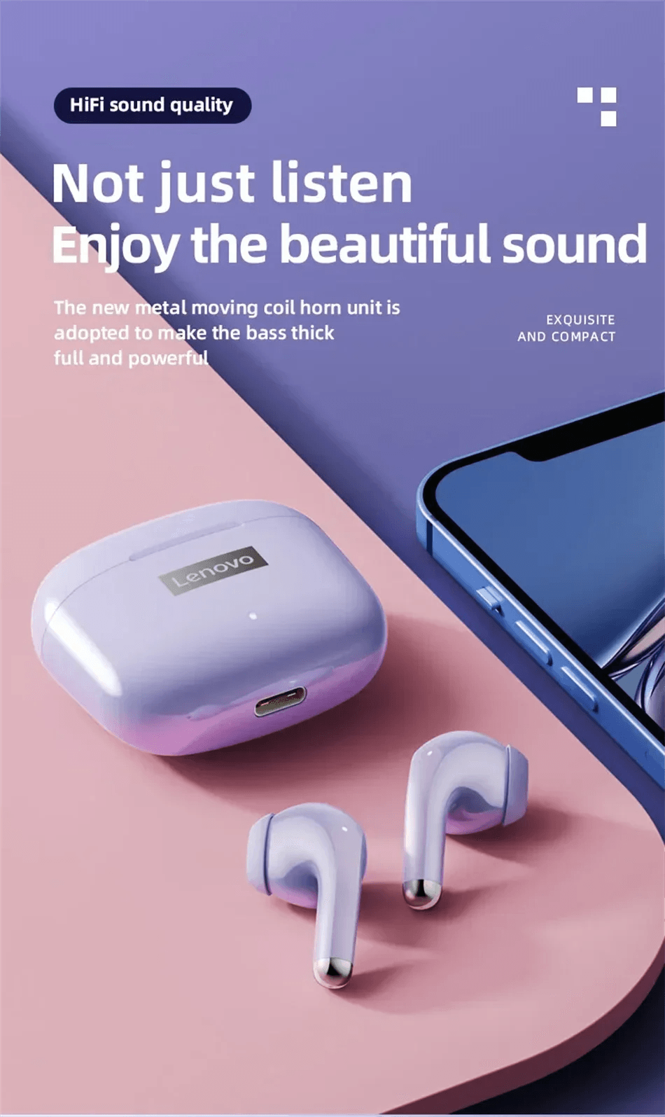 Lenovo LP40 Pro TWS Bluetooth 5.4 Wireless Headphones HiFi Stereo Earphones Gaming Sports Touch Control HD Call With Mic Earbuds