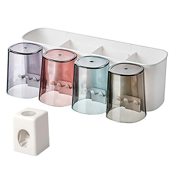 Wall Mounted Automatic Toothpaste Dispenser with Toothbrush Holder No Drilling Multifunctional Bathroom Organiser