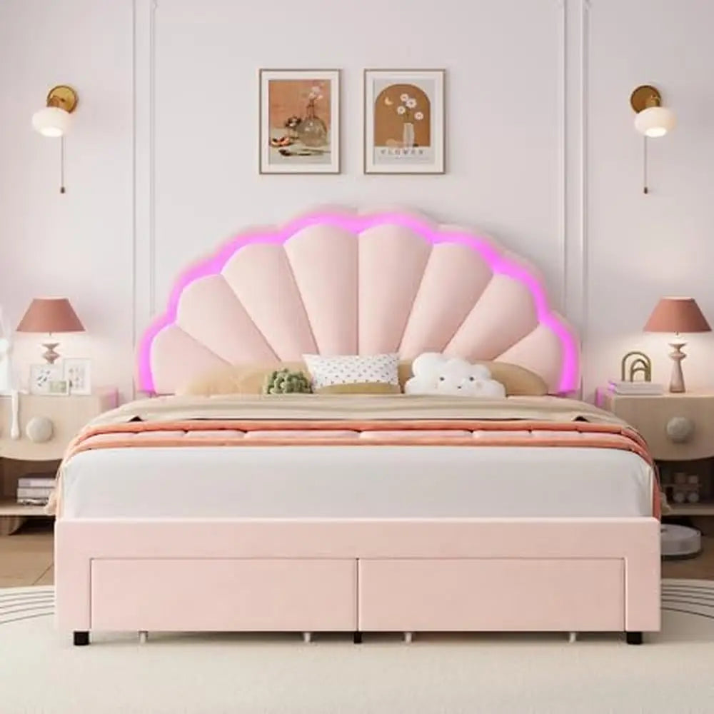 Adjustable Pink LED Upholstered Bed Frame with Storage Drawers Full Size Modern Princess Platform Bed Double Petal Headboard &
