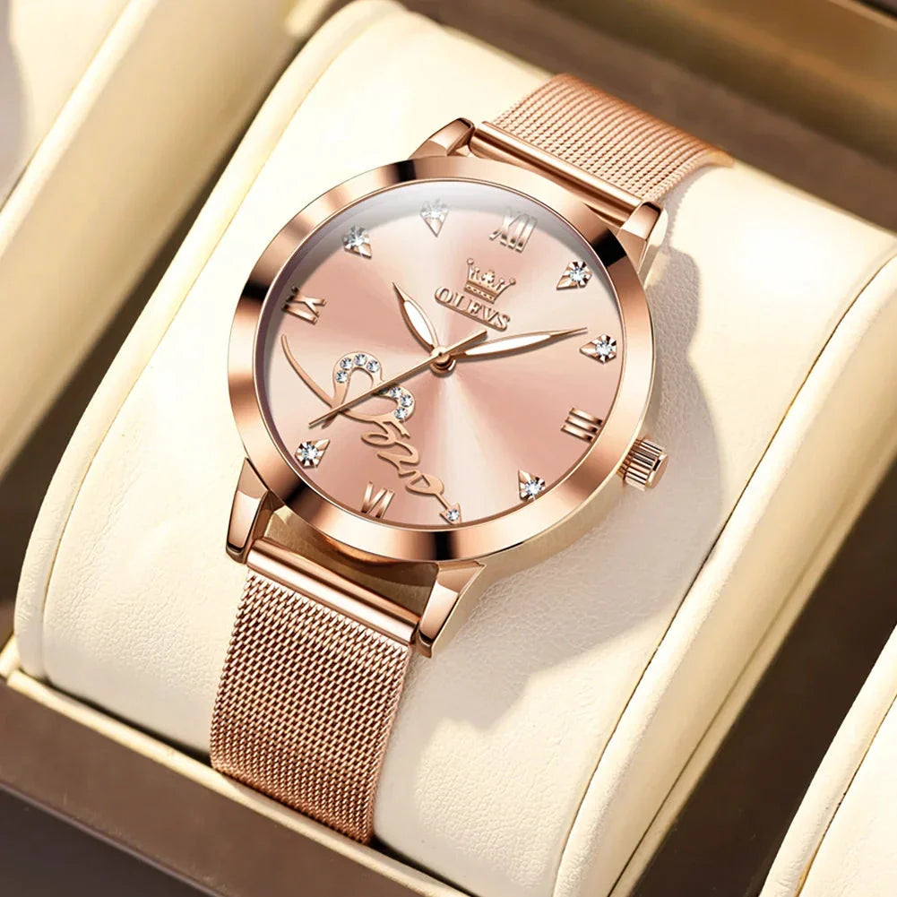 OLEVS Luxury Fashion Ladies' Watches Rose Gold Top Brand Original Quartz Watch for Women Stainless Steel Mesh Strap Love Dial