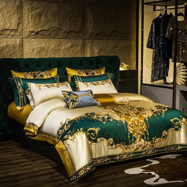 Gold and Green Satin Embroidery Patchwork Duvet Cover Queen King Luxury Royal Bedding Sets Cotton Bed Sheet Bedspread Pillowcase - Gifts for You 'n Me