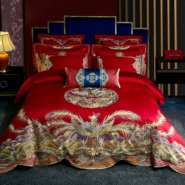 Luxury Red Chinese Wedding Phoenix Embroidery Cotton Bedding Set Duvet Cover Bed Linen Fitted Sheet Pillowcases Home Textiles