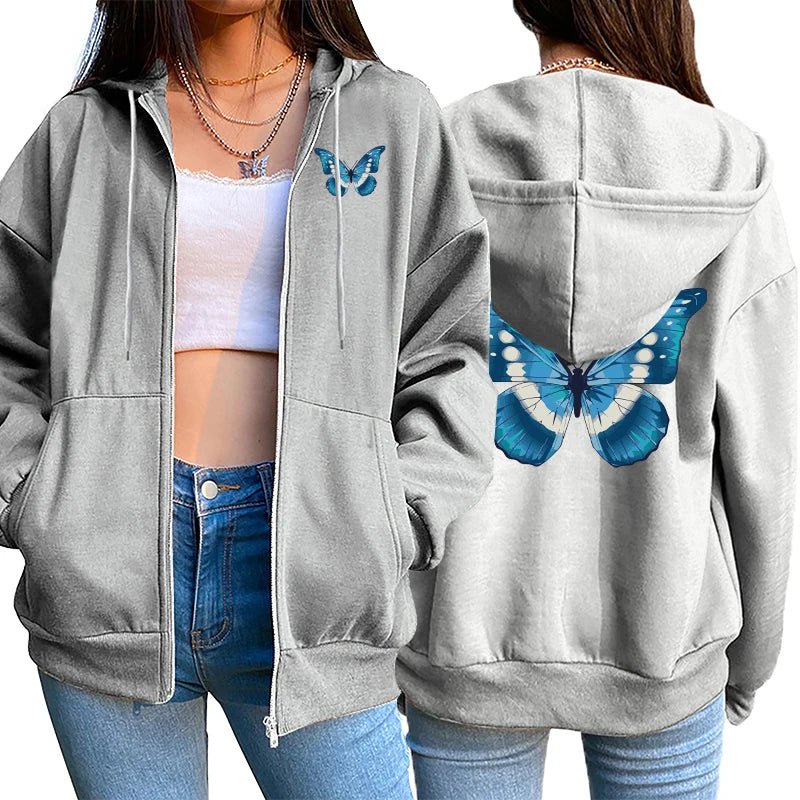 Butterfly Printed Hoodies for Women 2025 Hot Sale Hooded Longsleeve Jackets Autumn Home Outdoor Casual Fashion Ziiper Coats