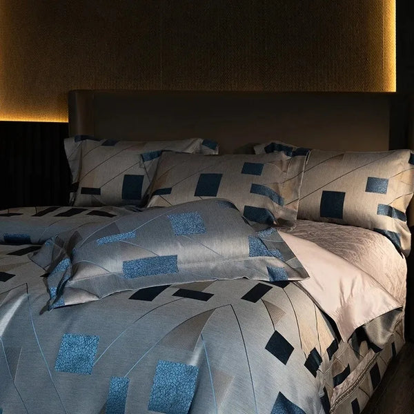Grey Luxury Satin Cotton Bedding Set Chic Geometric Jacquard Duvet Cover Quilted Cotton Bedspread Pillowcase Queen King 4Pcs