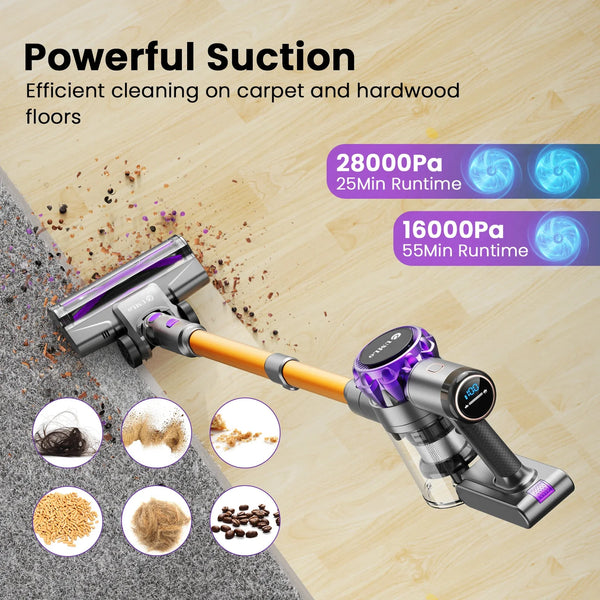 Wireless vacuum cleaner with 28000Pa and 16000Pa suction modes, showing efficient debris pickup on carpet and hardwood surfaces.