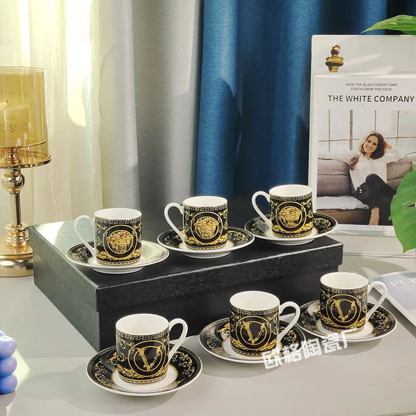 Gift Box Set 12Pcs Ceramic Espresso Coffee Cup Striped Dot Tea Milk Drinking Cups with Handle Mug for Office Dubai Gift Lucks