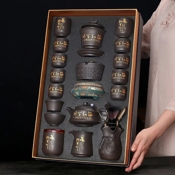 Luxury Purple Clay Tea Set High-End Home Office Complete Moving Gift Practical Present for Elders and Teachers with Gift Box