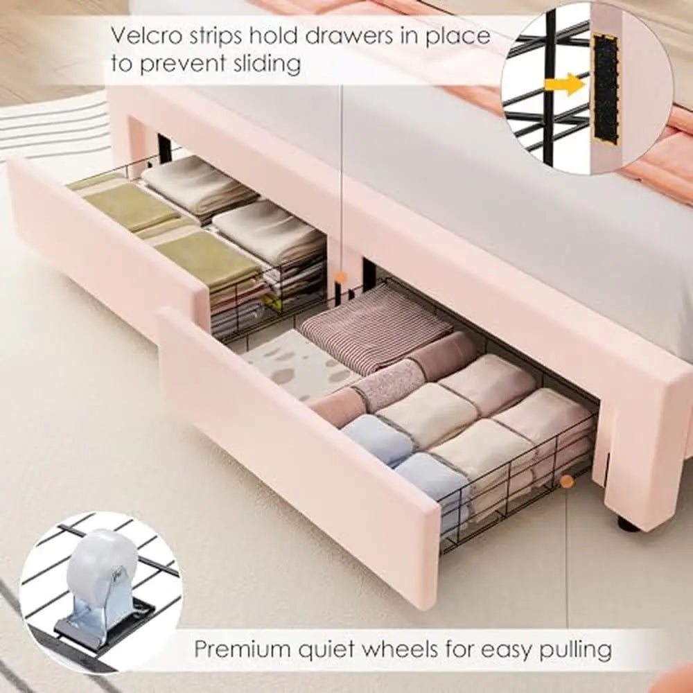 Adjustable Pink LED Upholstered Bed Frame with Storage Drawers Full Size Modern Princess Platform Bed Double Petal Headboard &