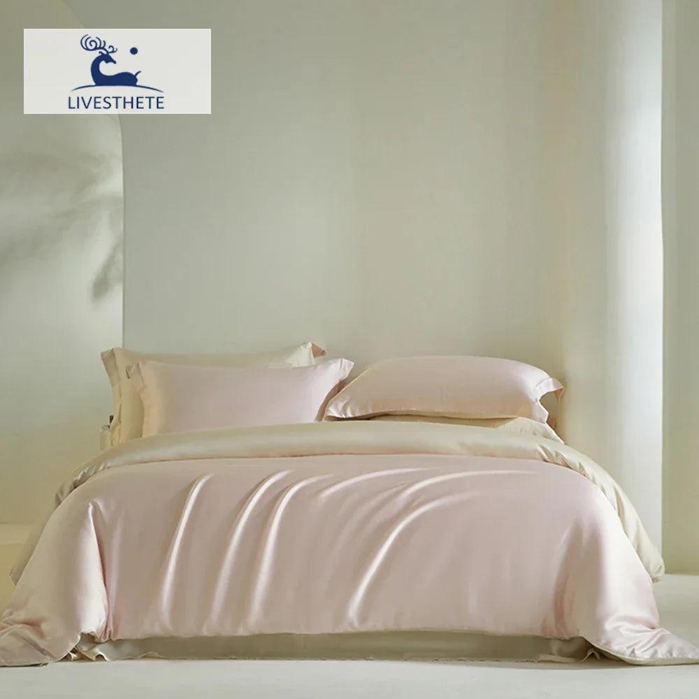Liv-Esthete Women Pink 100% Silk Bedding Set Healthy Silky Double Color Queen King Duvet Cover Flat Sheet Pillowcase Bed Linen - Gifts for You 'n Me