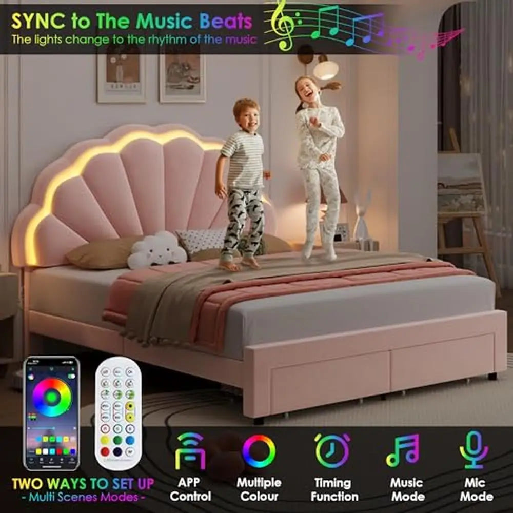 Adjustable Pink LED Upholstered Bed Frame with Storage Drawers Full Size Modern Princess Platform Bed Double Petal Headboard &