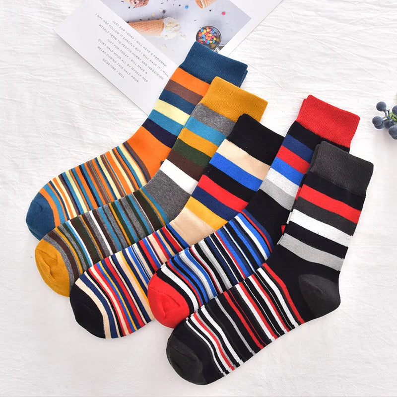 5 Pairs/Pack Fashion Trend Socks Men Cotton Thick Thin Stripes Pattern Retro Socks Business Party Crew Socks OneLoveCanada