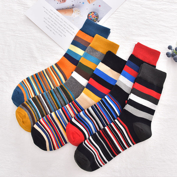 5 Pairs/Pack Fashion Trend Socks Men Cotton Thick Thin Stripes Pattern Retro Socks Business Party Crew Socks OneLoveCanada