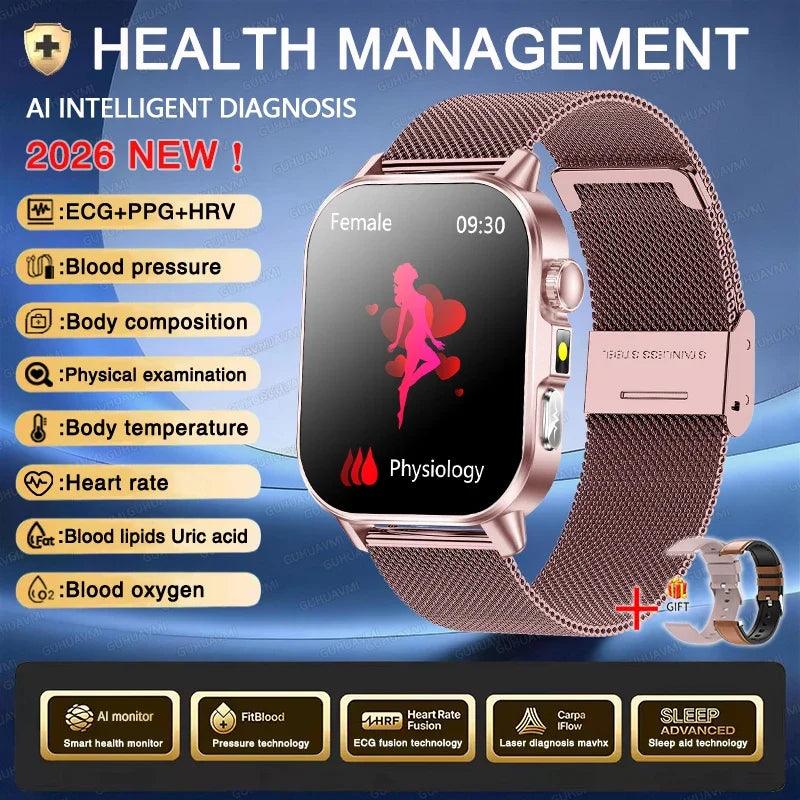 New Men Accurate Health Diagnosis ECG Smart Watch Blood Pressure Blood Oxygen Blood Fat Uric Acid Temp Bluetooth call Smartwatch